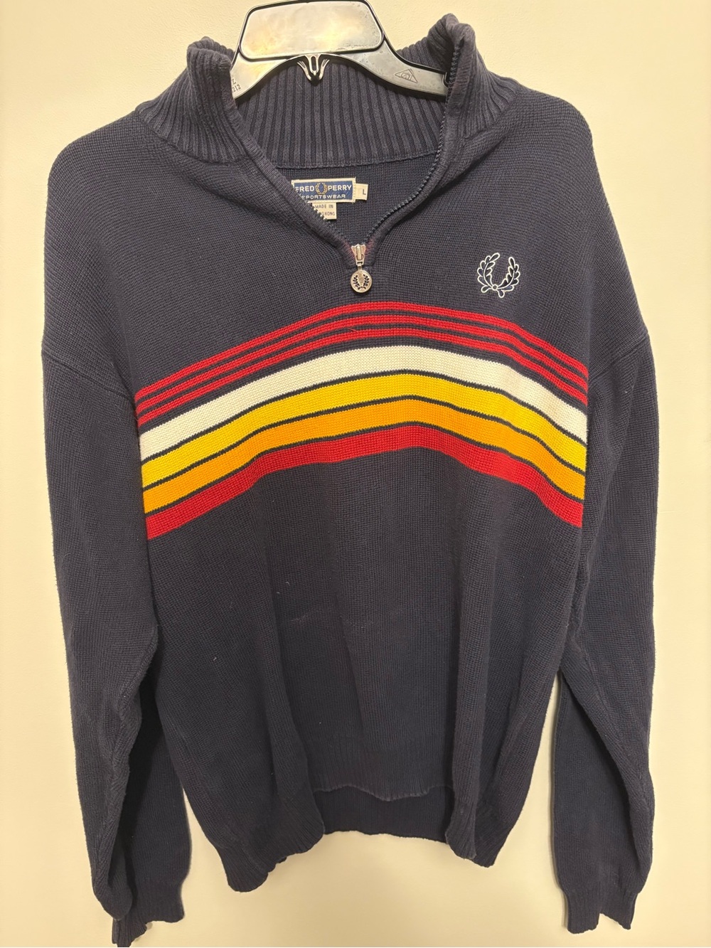 Vintage Fred Perry Sportswear 1/4 Zip Sweater Large Multi Stripe Knit Jumper